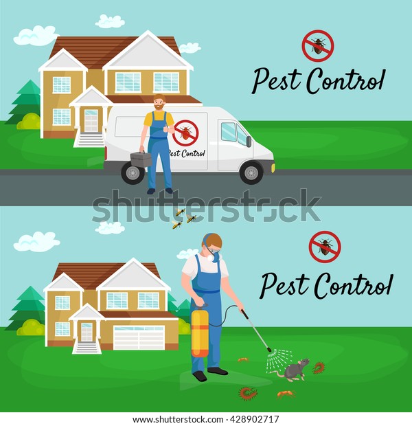 Pest\
controller in protection equipment uniform spraying toxic chemical\
poison on termite or other insect for removal. Prevention control\
vector illustration set. man around his worker\
car