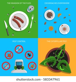 Pest design concept set with flies cockroaches and caterpillars control flat icons isolated vector illustration