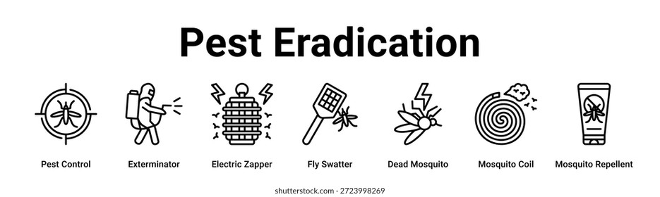 Concepto de Ilustración vectorial de icono de Anuncio de Web de erradicación de plagas para salud y medicina con ícono de control de plagas, exterminador, zapper eléctrico, mosca Swatter, mosquito muerto, bobina de mosquito.