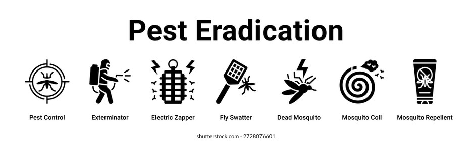 Erradicação de pragas web banner ícone vetor ilustração conceito para a saúde e médica com ícone de controle de pragas, Exterminador, Electric Zapper, mata mosquito, bobina de mosquito.