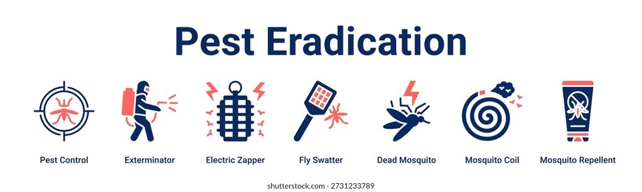 Erradicación de plagas concepto de Ilustración vectorial de icono de Anuncio de Web para la salud y la medicina con ícono de control de plagas, exterminador, zapper eléctrico, sudor de moscas, mosquito muerto, bobina de mosquitos.