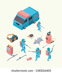 Pest examination. Insects dezinfection service chemical poison for pest control rodents extermination vector isometric set