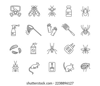 Iconos de exterminio de plagas. Mentira y rata. Control del vermín. Mosquito de línea o termita. Equipo de desinfección. Esbozar gusano y pulga. Gusano de carne y araña. Conjunto de pictogramas de vectores chillones