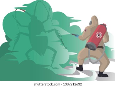 Pest exterminator killing giant cockroach.