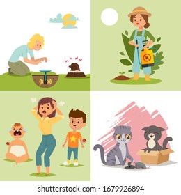 Pest in garden, insect flat vector illustration. Character woman with poison, children cry, cat get mouse, female repel mole. Design pest control for poster, web banner and card.