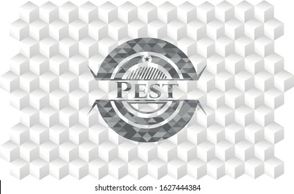 Pest grey emblem with geometric cube white background