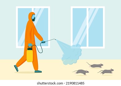 Pest home control. Rodents extermination. People in uniform spray chemical pesticide against rats. Professional mouse poison sanitization by smoke. Deratization service. Vector cartoon illustration