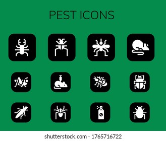 conjunto de iconos de plaga. 12 íconos rellenos de plagas. Incluidos Escarabajo, Grasshopper, Parasite, Rata, Araña, Mosquito, Hormiga, Insecticida, Iconos de las flores