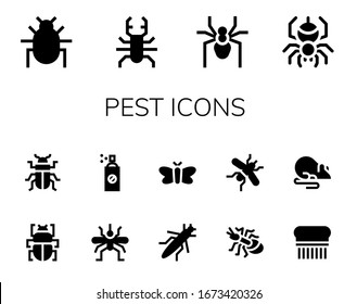 pest icon set. 14 filled pest icons.  Simple modern icons such as: Parasite, Beetle, Spider, Fleas, Mosquito, Insecticide, Grasshopper, Moth, Ant, Flea, Rat