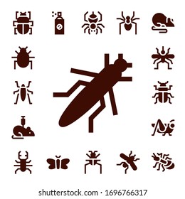pest icon set. 17 filled pest icons. Included Fleas, Parasite, Insect, Grasshopper, Rat, Mosquito, Beetle, Insecticide, Moth, Spider, Ant icons