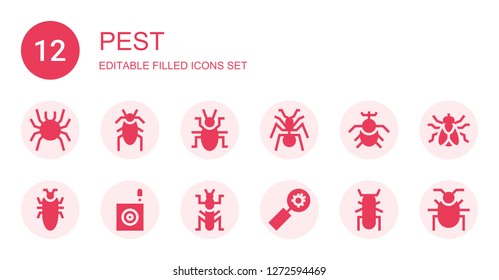 pest icon set. Collection of 12 filled pest icons included Bug, Cockroach, Beetle, Ant, Mantis, Fly