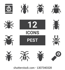 pest icon set. Collection of 12 filled pest icons included Bug, Cockroach, Insect, Beetle, Ant