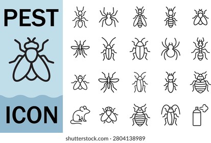 Pest icons set vector insect control outline icon collection of creepy crawlies and extermination symbols.