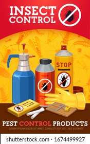 Pest, insect and bug control spray bottles vector design with insecticide and pesticide pump sprayer from mosquito, cockroach and flea. Tick repellent aerosol, ant and roach chalk, rat and mouse trap