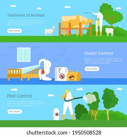 Pest, insect control and animal treatment, web banner set, vector illustration. Man worker character spray pesticide in special mask.