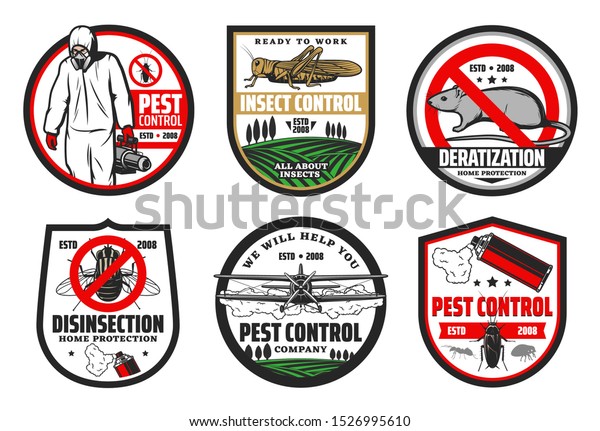 Pest and insect control, deratization and
disinsection isolated icons. Vector house and harvest protection,
exterminator in chemical protextive uniform with sprayer. Rat and
crop duster biplane