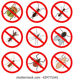 Pest and insect control, icons set. Tick and cricket, bug and ant, fly and cockroach, colorado beetle and mosquito, vector illustration