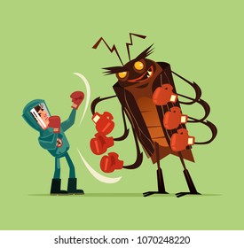 El control de insectos de plaga hombre el personaje de los trabajadores lucha con la gran termita gnat de los insectos gigantes. Concepto de servicio de mosquitos de exterminio. Dibujo gráfico plano vectorial ilustración aislada