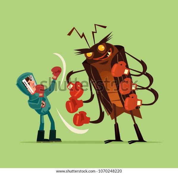 Pest insect\
control man worker character fight wth big huge monster bug gnat\
termite. Extermination mosquito service concept. Vector flat\
cartoon graphic design isolated\
illustration