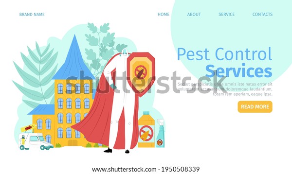 Pest, insect control service, landing banner\
vector illustration. Cartoon protection, prevention with cartoon\
toxic insecticide,\
website.