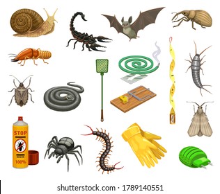 Pest insects, bugs and animals cartoon set of pest control vector design. Insecticide spray, spider, snake and tick, termite, snail, mouse trap and bat, scorpion, snout beetle, moth and silverfish