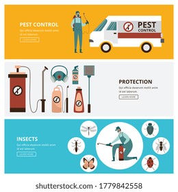 Pest and insects control horizontal banners or flyers set with professional staff and equipment, flat vector illustration. Advertisement of pest extermination services.