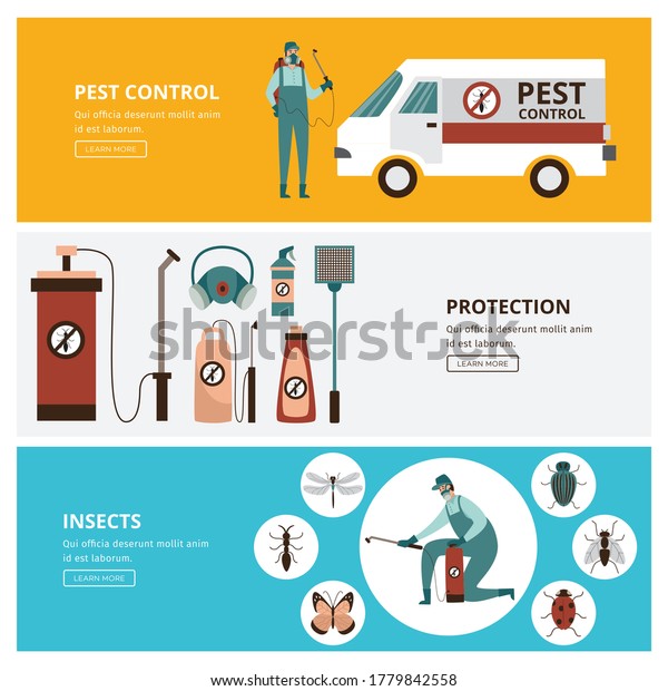 Pest and
insects control horizontal banners or flyers set with professional
staff and equipment, flat vector illustration. Advertisement of
pest extermination
services.