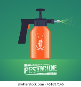 Pest insects control spray equipment vector illustration for farming, gardening, agriculture. Design element with pesticide sign as stamp. Logo with insect on spray bottle