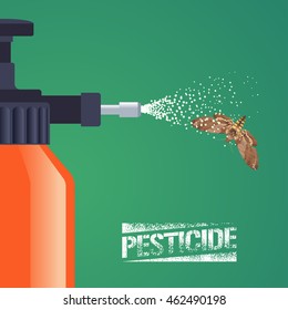 Pest insects control spray equipment vector illustration for farming, gardening, agriculture. Design element with pesticide sign as stamp and close up spraying on moth