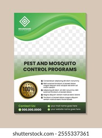 Pest and mosquito control Service Flyer Template, Professional brochure with space for photo. green gradient element on vertical layout with white background. guaranteed bedge as element.