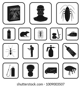 Pest, poison, personnel and equipment black icons in set collection for design. Pest control service vector symbol stock web illustration.