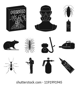 Pest, poison, personnel and equipment black icons in set collection for design. Pest control service vector symbol stock web illustration.