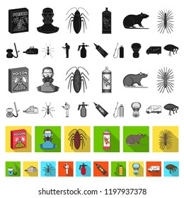 Pest, poison, personnel and equipment flat icons in set collection for design. Pest control service vector symbol stock web illustration.