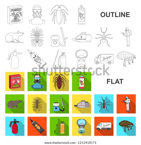 Pest, poison, personnel and equipment flat\
icons in set collection for design. Pest control service vector\
symbol stock web\
illustration.