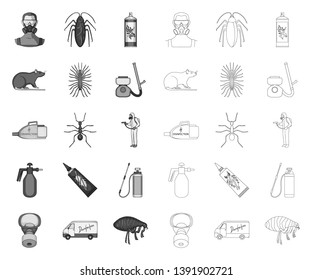 Pest, poison, personnel and equipment mono,outline icons in set collection for design. Pest control service vector symbol stock web illustration.