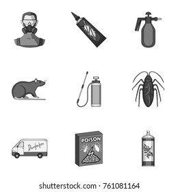 Pest, poison, personnel and various equipment monochrome icons in set collection for design. Pest control service vector symbol stock web illustration.