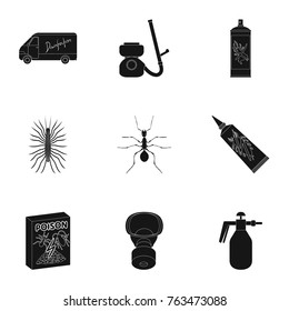 Pest, poison, personnel and various equipment black icons in set collection for design. Pest control service vector symbol stock web illustration.