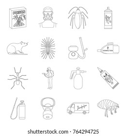 Pest, poison, personnel and various equipment outline icons in set collection for design. Pest control service vector symbol stock web illustration.