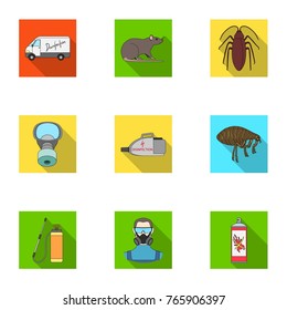 Pest, poison, personnel and various equipment flat icons in set collection for design. Pest control service vector symbol stock web illustration.