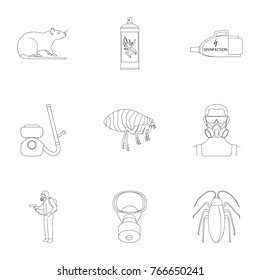 Pest, poison, personnel and various equipment outline icons in set collection for design. Pest control service vector symbol stock web illustration. 