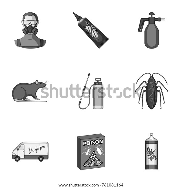 Pest, poison, personnel and various\
equipment monochrome icons in set collection for design. Pest\
control service vector symbol stock web\
illustration.
