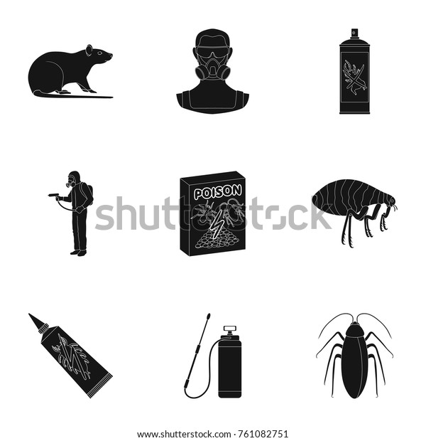 Pest, poison, personnel and various\
equipment black icons in set collection for design. Pest control\
service vector symbol stock web\
illustration.