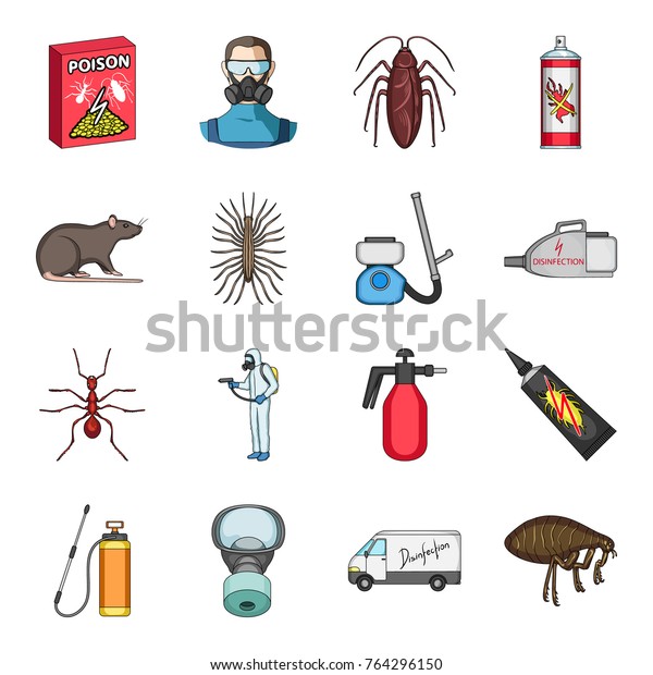 Pest, poison, personnel and various\
equipment cartoon icons in set collection for design. Pest control\
service vector symbol stock web\
illustration.