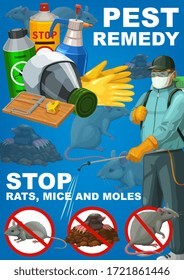 Pest remedy, rodents extermination, deratization sanitary control service vector poster. House rats, mice and moles pest control poison disinfection, mouse traps and fumigation disinfestation