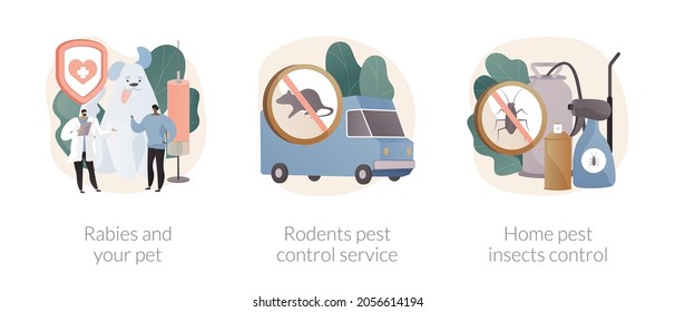 Pest Removal Abstract Concept Vector Illustration Set. Rabies And Your Pet, Rodents Pest Control Service, Home Pest Insects, Puppy Vaccine, Garden Protection, House Proofing Abstract Metaphor.