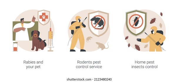 Pest Removal Abstract Concept Vector Illustration Set. Rabies And Your Pet, Rodents Pest Control Service, Home Pest Insects, Puppy Vaccine, Garden Protection, House Proofing Abstract Metaphor.