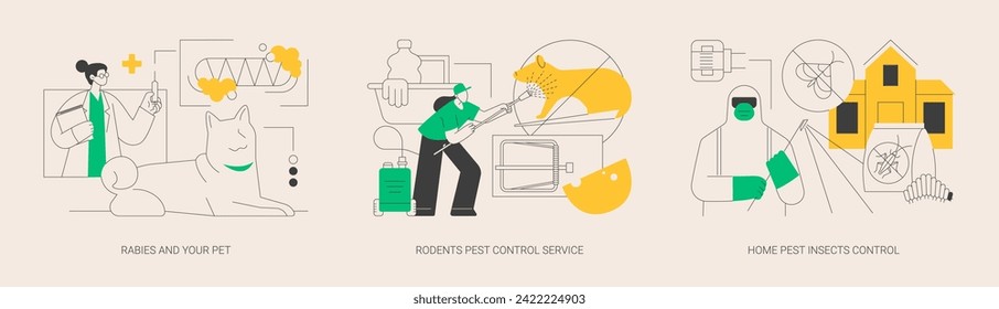 Pest removal abstract concept vector illustration set. Rabies and your pet, rodents pest control service, home pest insects, puppy vaccine, garden protection, house proofing abstract metaphor.