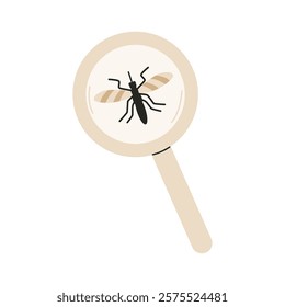 Pest searching concept. Consider a mosquito with a magnifying glass. Flat vector illustration isolated on white background.