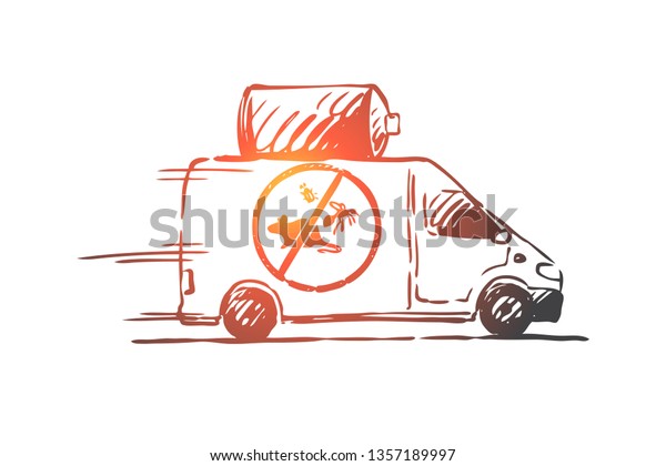 Pest, service, car, toxic, insecticide\
concept. Hand drawn pest control service car concept sketch.\
Isolated vector\
illustration.