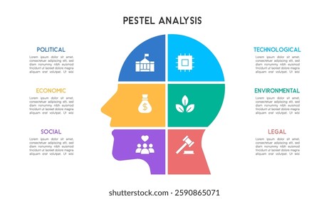 PESTEL Analysis Diagram with Vertical Head Layers and Bright Icons Vector Illustration